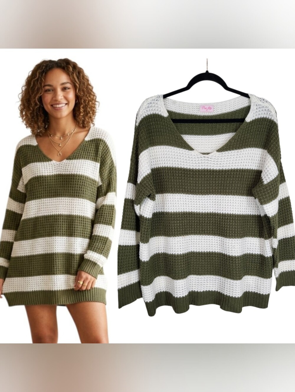 Pink Lily Olive Green White Striped Oversized V-Neck Knit Sweater Loose Fit Sz M